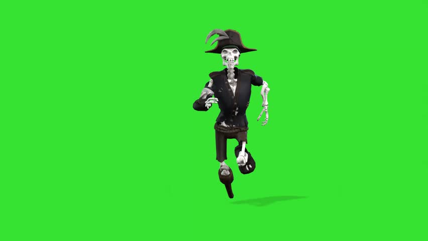 Front view running of balck hat skelton in ship green screen or chroma key video clip art animation video