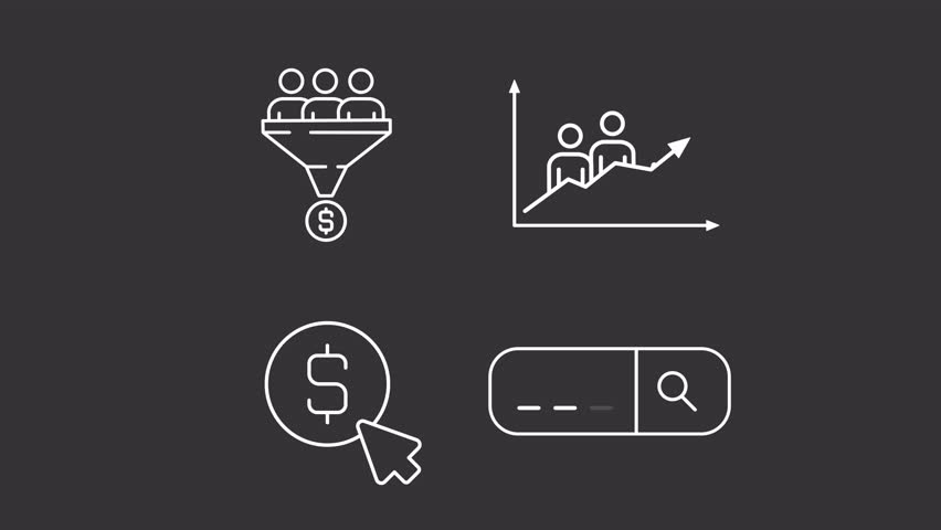 Digital marketing animation library. SEO tools for e commerce animated white line icons. Customers engaging. Black illustrations on white background. HD video with alpha channel. Motion graphic