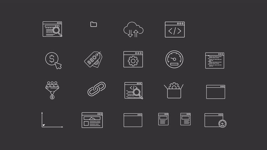 SEO animation library. Search engine optimization animated white line icons. Web site ranking improvement tools. Black illustrations on white background. HD video with alpha channel. Motion graphic
