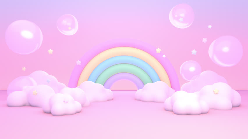 Looped cartoon rainbow land with bubbles, stars, and clouds animation.