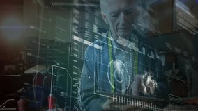 In workshop, elderly man interacting with futuristic technology interface animation. Innovation, senior, digital, virtual, interaction - Powered by Shutterstock - Get 15% off with code: PIKWIZARD15