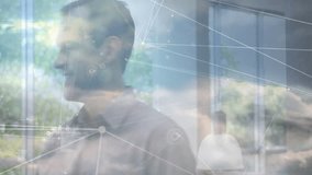 Using tablet, man interacting with animation of digital network in nature. Technology, connectivity, innovation, interaction, futuristic - Powered by Shutterstock - Get 15% off with code: PIKWIZARD15