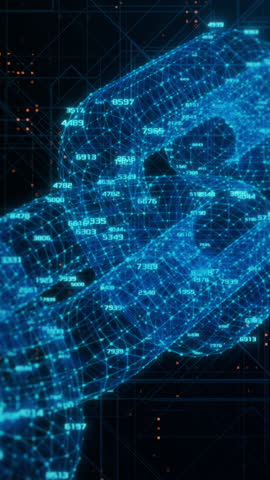 3d wireframe model of a chain with random numbers, abstract tech background, concept of blockchain, cryptocurrency, mining, big data (3d render)