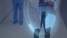 In hospital, medical professionals interacting with digital animation in hallway. Healthcare, technology, innovation, medicine, teamwork, collaboration - Powered by Shutterstock - Get 15% off with code: PIKWIZARD15