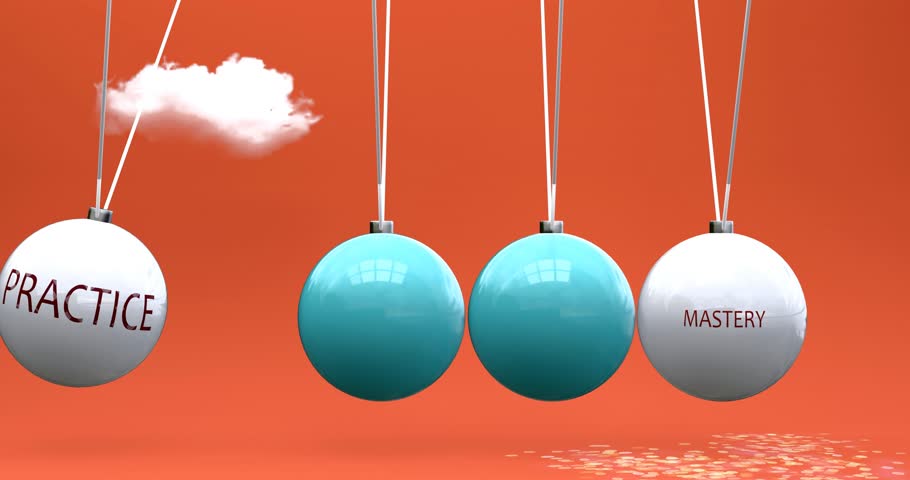 Practice leads to mastery. Cause and effect relation between practice and mastery. A Newton cradle metaphor in which practice ignites mastery, sets it in motion.Can be looped.