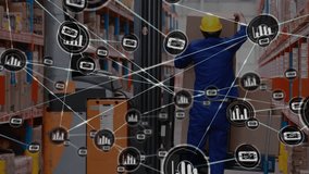 Moving boxes in warehouse, worker with data processing animation overlay. Logistics, technology, automation, shipping, storage, inventory - Powered by Shutterstock - Get 15% off with code: PIKWIZARD15