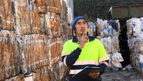Waste management worker inspecting and noting details on a clipboard within a recycling plant environment - Powered by Shutterstock - Get 15% off with code: PIKWIZARD15