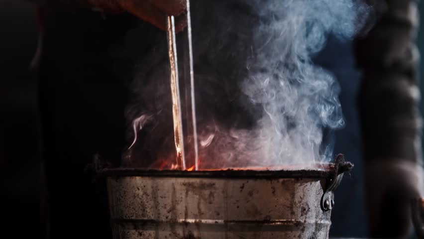 Blacksmith quenching hot metal in water