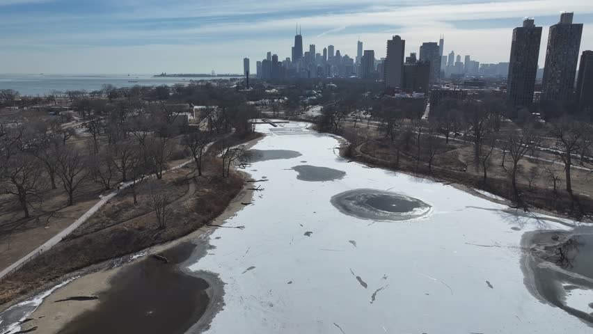 Lincoln Park At Chicago In Illinois United States. Downtown District. Nature Park Aerial View. Lincoln Park At Illinois United States. Highrise Buildings Landscape. Stunning Winter Background.