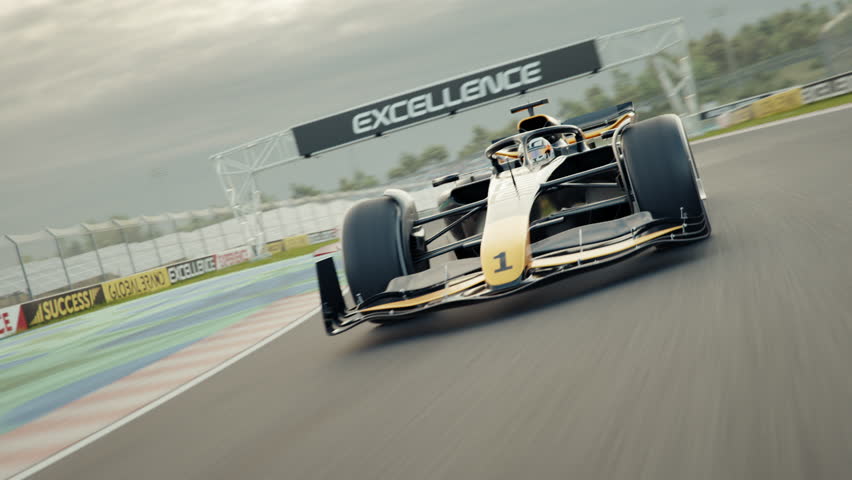 Close front view of a generic race car driving around a curve. Dynamic tracking shot. Multiple race cars. 3d animation rendering. New 2025 black and gold race car design