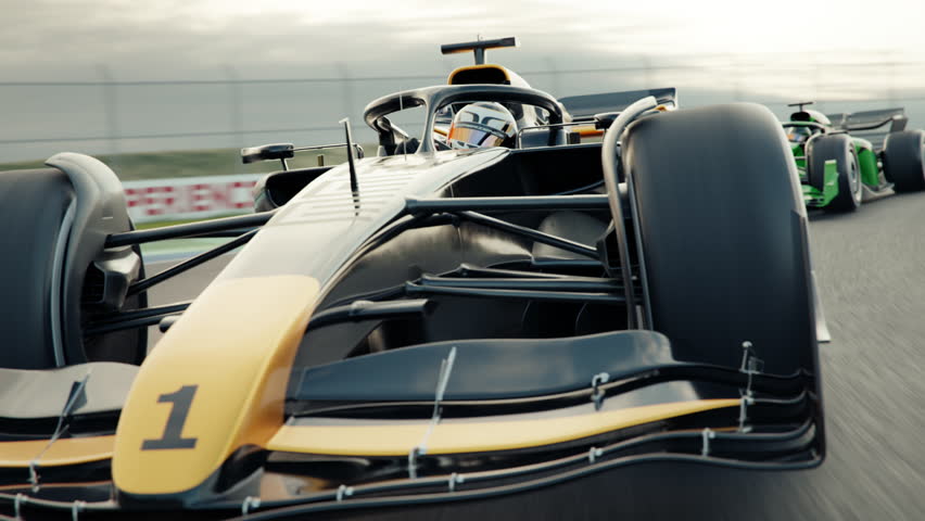 Close front view of a generic race car driving around a curve. Dynamic tracking shot. Multiple race cars. 3d animation rendering. New 2025 black and gold race car design