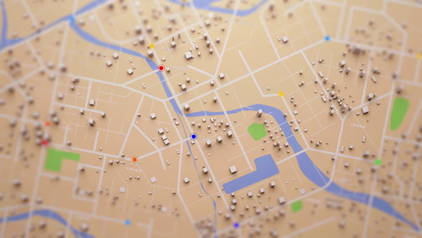 3D rendering of the aerial view of a city map with intersections, navigation lines, and running digit numbers, like a digital travel information hub for transport and technology concept