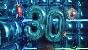 Woman Holding Number 30 Balloon Elegant 30th Party Decoration in Blue Background Celebration Anniversary thirthy Theme  - Powered by Shutterstock - Get 15% off with code: PIKWIZARD15