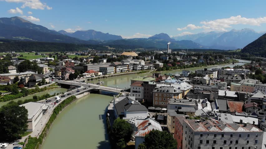 Hallein town footage in Austria. Salzburg State. Drone view with Salzach river.