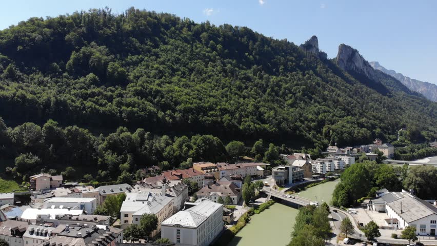Hallein town footage in Austria. Salzburg State. Drone view with Salzach river.