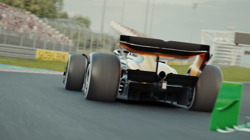 Dynamic drone shot following two generic race cars. Low angle view. Drone moving from side to side. 3d animation rendering. New 2025 black and gold race car design
