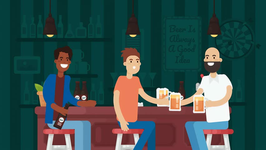 2D illustration Animated Scene of Black And White, Young And Old Friends Drinking Beer Together At Bar Laughing.