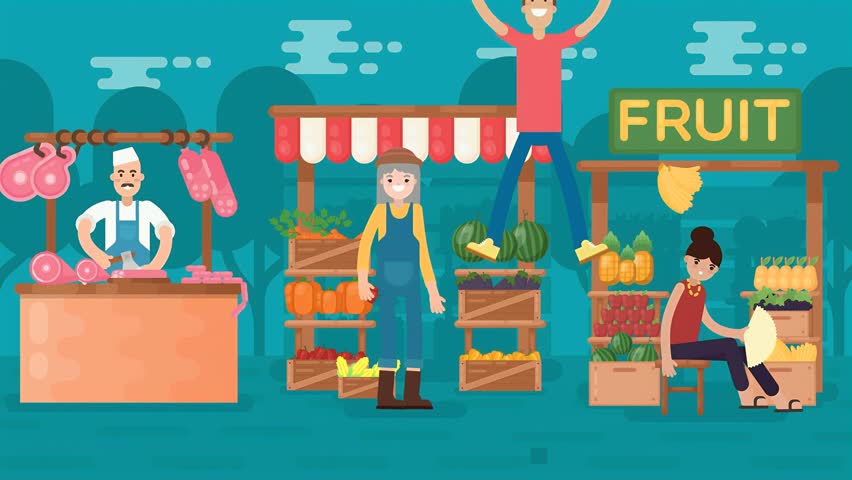 2D illustration Animated Scene of Market Where People Buying And Selling Fruits, Vegetables, Meat.