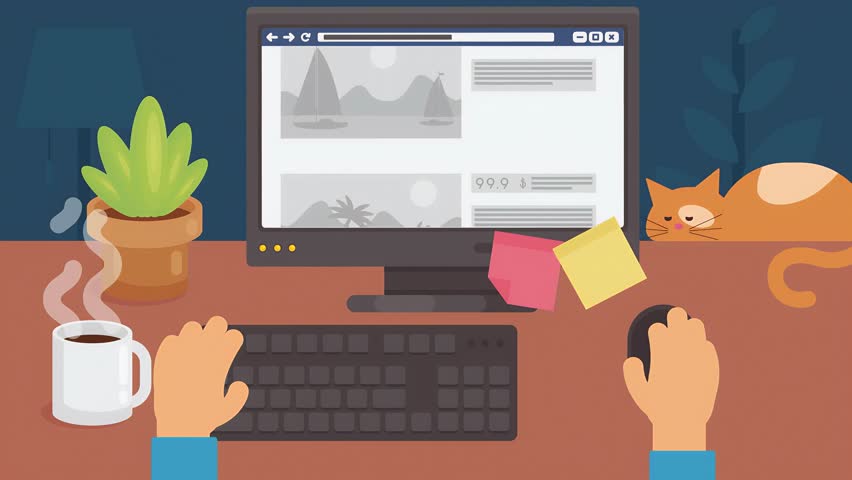 2D illustrated Animated Scene of Man Researching Vacation Destination And Hotel On Desktop Computer.