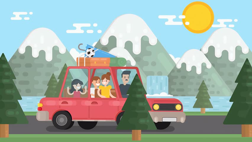 2D illustration Animated Scene of Cartoon Family Road Trip With Dad And Children Going Through The Mountains.