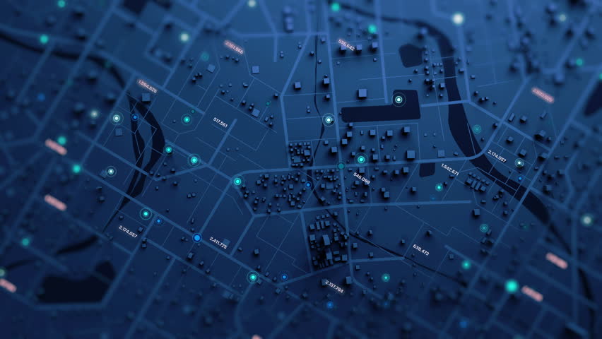 3D rendering of the aerial view of a city map with intersections, navigation lines, and running digit numbers, like a digital travel information hub for transport and technology concept