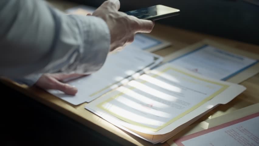 Close-up of hands flipping through secret files and papers, discreetly taking photos with a phone. A scene of espionage, intelligence theft, and covert surveillance. secret service agent or spy
