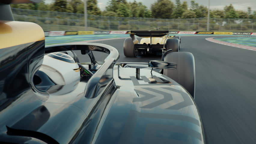 POV shot of a generic race car overtaking his opponent and taking the lead. Race car point of view. 3d animation rendering. New 2025 black and gold race car design