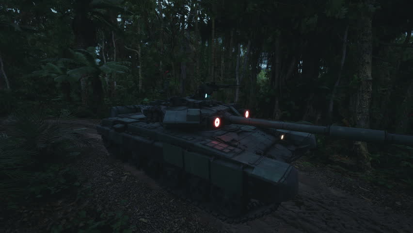 A military tank maneuvers through a thick jungle landscape under dim lighting. Surrounding vegetation creates a natural camouflage enhancing stealth and adaptability.