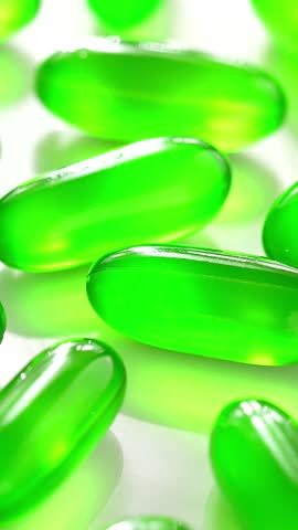 A vertical, closeup footage of green capsules of vitamin E scattered on a white surface, rotating under bright light