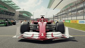 Zoom out of number 1 to reveal a generic race car starting from pole position. Low to high angle view. 3d animation rendering - Powered by Shutterstock - Get 15% off with code: PIKWIZARD15