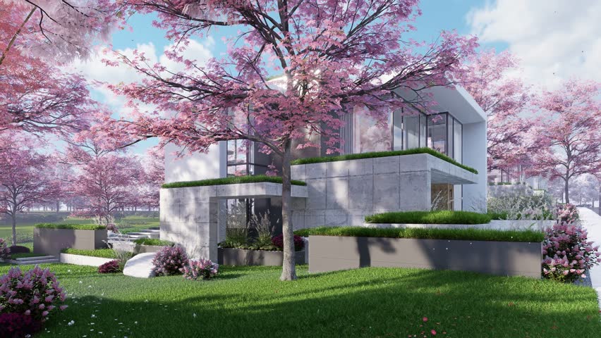 4K video rendering of flat roof house with parking and pool for sale or rent with concrete facade and beautiful landscaping. Fresh spring day with a blooming trees with flowers of sakura