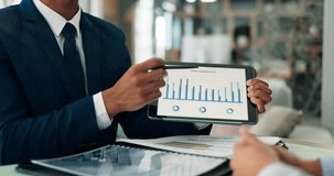 Consulting, finance and infographic on tablet screen with business people in office for investment growth. Data, money and portfolio with financial advisor speaking to client for wealth management - Powered by Shutterstock - Get 15% off with code: PIKWIZARD15