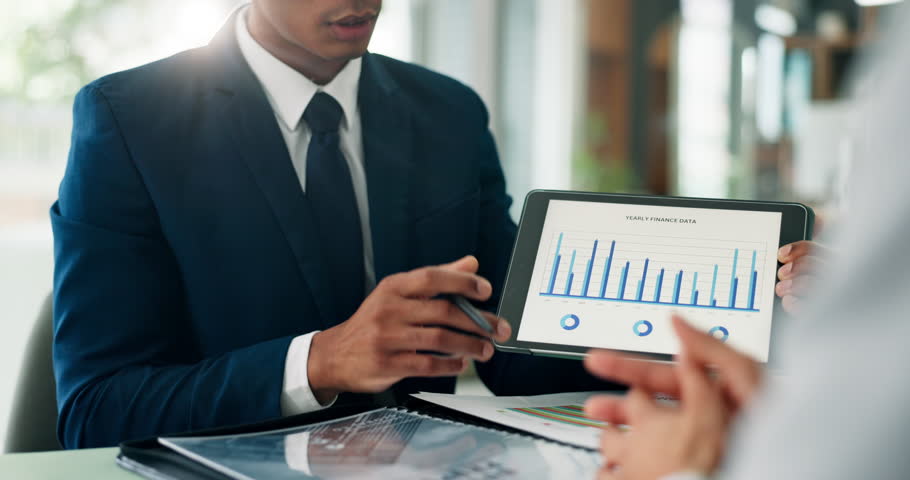 Consulting, finance and infographic on tablet screen with business people in office for investment growth. Data, money and portfolio with financial advisor speaking to client for wealth management