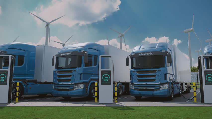 A row of blue generic electric long-haul semi trucks with cargo trailer charging at a parking lot along the road. Future technology and sustainable business concept. Realistic 3d animation rendering