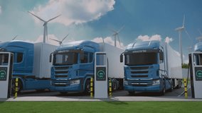 A row of blue generic electric long-haul semi trucks with cargo trailer charging at a parking lot along the road. Future technology and sustainable business concept. Realistic 3d animation rendering - Powered by Shutterstock - Get 15% off with code: PIKWIZARD15