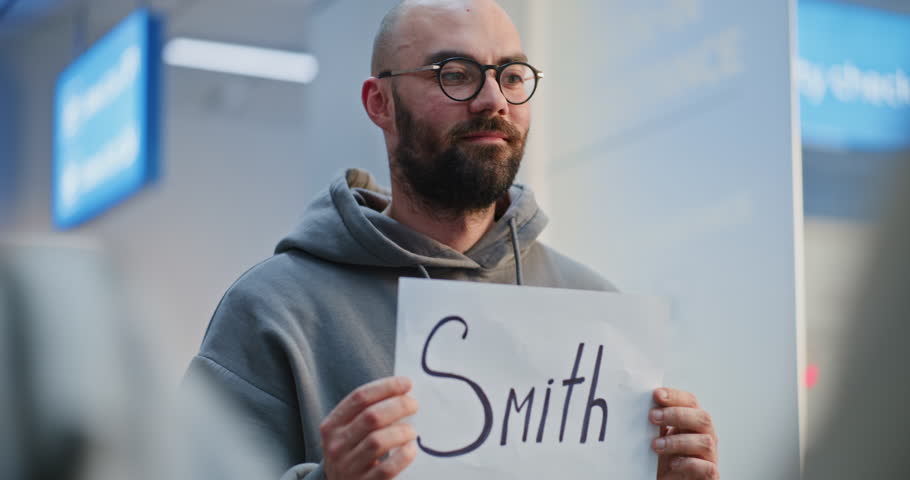 Professional Pickup Service in International Airport Terminal: Airport Greeter Holding Greeting Name Sign, Waiting for Passengers From Plane Flight. Diverse People, Tourists Walking. Medium Close Up.