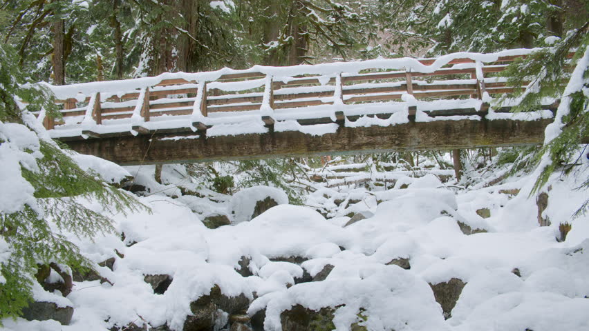 Winter Hiker Crossing Scenic Bridge Over Snow Pillows