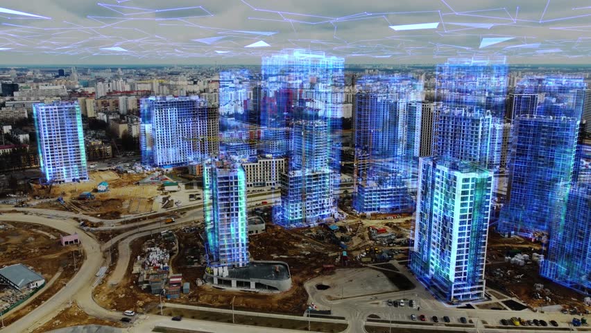 Aerial view of a construction site with animated digital blueprints overlaying buildings, representing future structures. A futuristic city planning concept blending real-world development. 4k footage