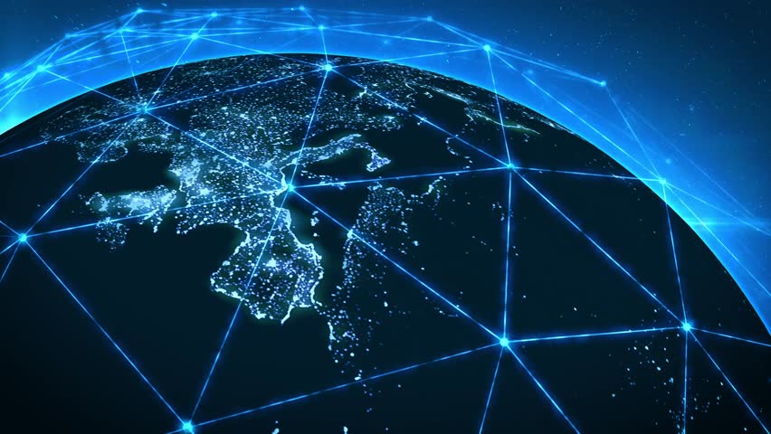 Auturistic digital Earth with glowing blue network lines connecting major cities. Pulsing data points highlight global communication, cybersecurity, evolution of digital technology in connected world