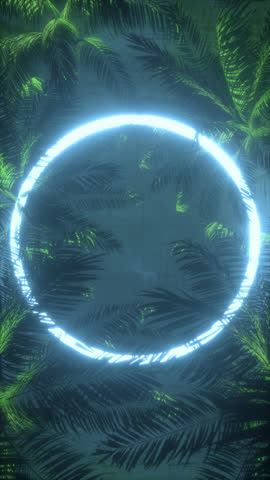 Neon glowing circle frame with exotic plants around on dark background. Palm leaves waving in a gentle breeze with neon frame. Useful for displaying text and logos.