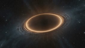 artistic illustration of a stunning black hole in the middle of space. The black hole itself is depicted as a pitch-black circle, surrounded by a bright orange ring of light. - Powered by Shutterstock - Get 15% off with code: PIKWIZARD15