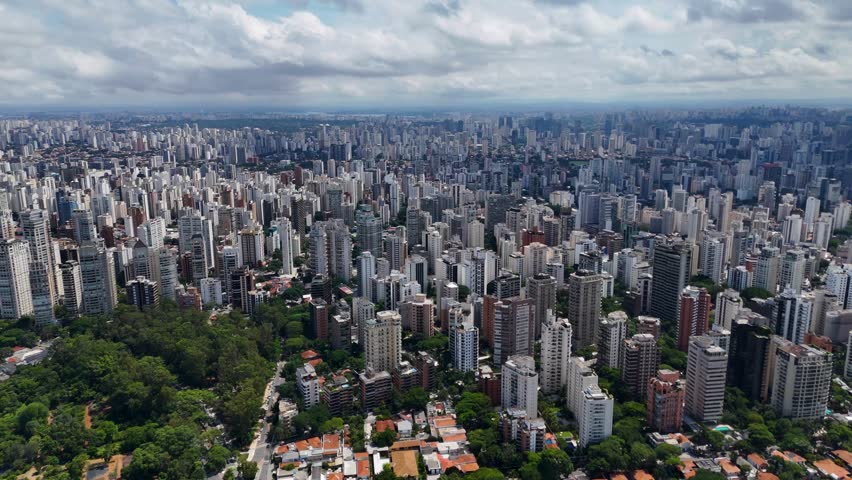 Aerial video of the urban buildings city of Sao Paulo Brazil during sunny day
