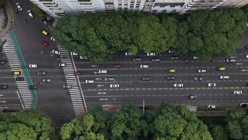 Aerial view of the intersection of Del Libertador Avenue and Coronel Díaz in Buenos Aires, Argentina. The image captures the dynamic movement of vehicles surrounded by lush green trees