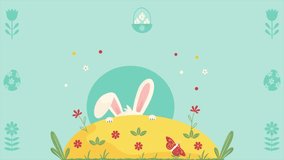 Cute white rabbit peeking over grassy hill in Easter themed animation with decorative eggs, flowers, and butterfly on  pastel blue background, featuring Happy Easter text in bold red letters. - Powered by Shutterstock - Get 15% off with code: PIKWIZARD15
