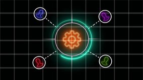 glowing neon Animation of network of connections with people icons. circular neon gear, abstract network, futuristic technology, digital grid background - Powered by Shutterstock - Get 15% off with code: PIKWIZARD15