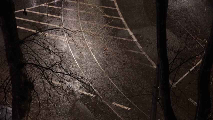 Zagreb, Croatia A city tram rolls by in the rain. 