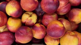 Nectarine peaches in crate displayed in supermarket, slider tracking shot in top view on nectarine peaches - Powered by Shutterstock - Get 15% off with code: PIKWIZARD15