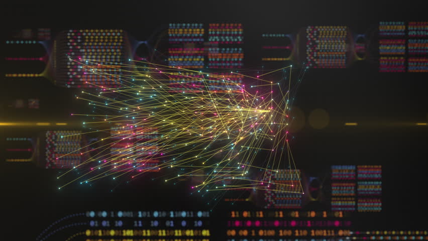High-Tech Digital Background Showing Neural Connections Transmitting Information In Real-Time. Artificial Intelligence, Big Data, And Network Processing Animation. Yellow