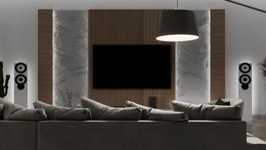 Colored lights in the living room create smart home lighting moods. 3D render.