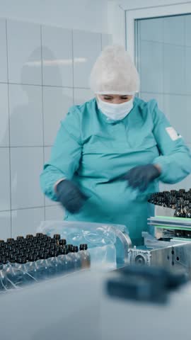 A woman in uniform wearing a mask works on a vial filling line. Production of medical dietary supplements. Distribution of caps. Pharmaceutical production line at pharma factory